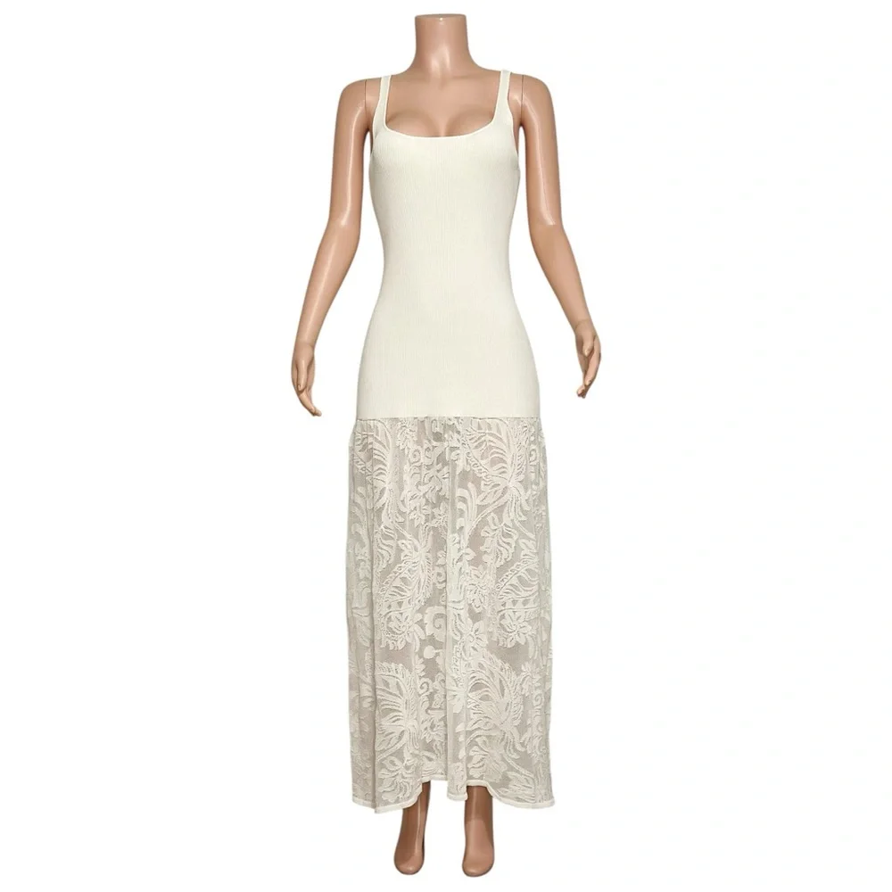 BEC & BRIDGE Rissa Ribbed Knit Dress W/ Mesh Lace Skirt, Ivory, Large - Picture 9 of 15